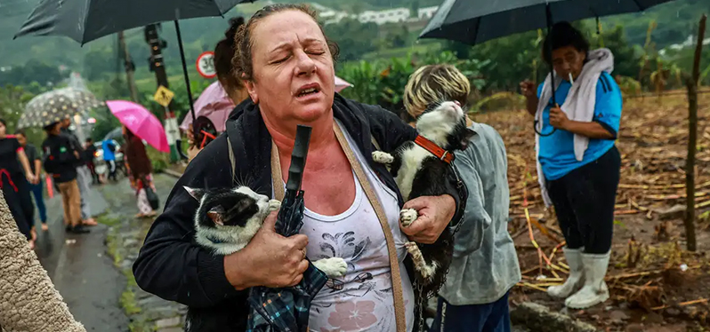 Mulher com animal de estimação, em meio o que está acontecendo no Rio Grande do Sul. Foto: Reuters / Diego Vara
