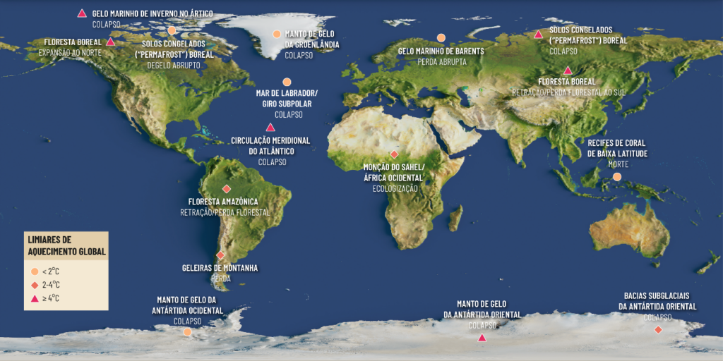 Localização dos pontos de não retorno ao redor do mundo. Mapa: Adaptado do artigo "Exceder o aquecimento global de 1,5°C pode desencadear vários pontos de inflexão climáticos"