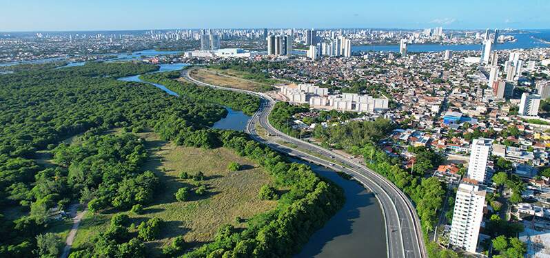 Cidade vista de cima, destacando a área verde. Foto: Adobe Stock