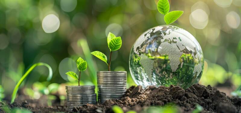 Moedas em meio a terra e globo terrestre, remetendo a economia verde. Foto: Adobe Stock