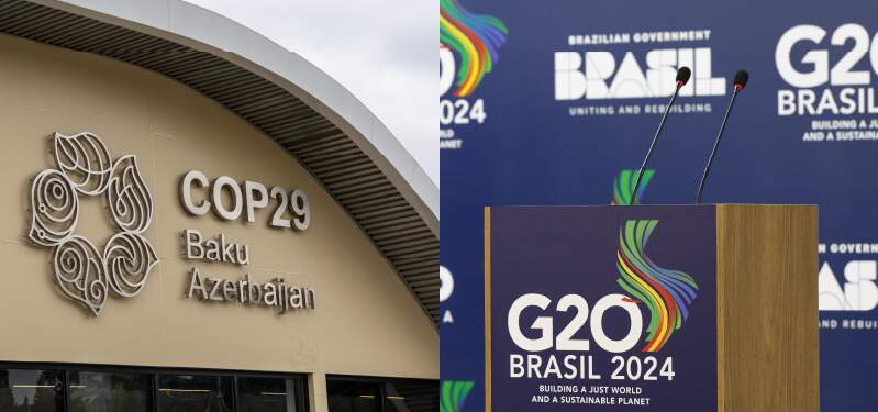 Imagem dividida com logo da COP29 e G20. Foto: Adobe Stock